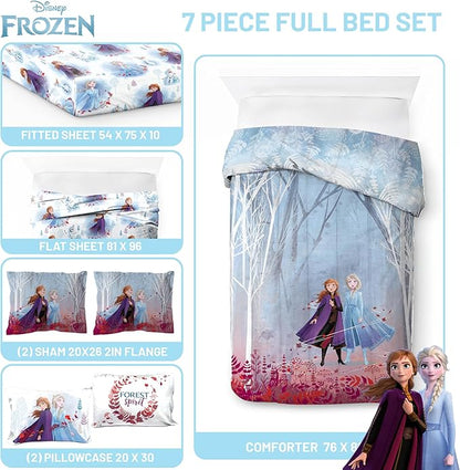 Disney Frozen 2 Forest Spirit 7 Piece Full Bed Set - Includes Reversible Comforter & Sheet Set - Bedding Features Elsa and Anna - Super Soft Fade Resistant Microfiber - (Official Disney Product)