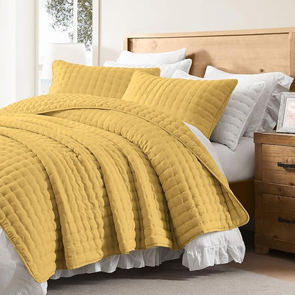 WDCOZY Queen Size Quilts Bedding Sets with 2 Pillow Shams, Lightweight Soft Bedspread Coverlet, Quilted Blanket Thin Comforter Bed Cover for All Season, 3 Pieces, 90x90 inches, Yellow
