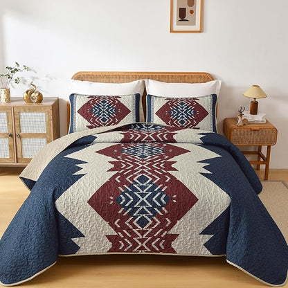 Dintszyayue Blue and Red Quilt Set King Size Boho,3 Piece Aztec Texture Bedspread Coverlet Set Soft Lightweight Bedding Set Geometric Bohemian Bedspread with 2 Pillowcases(Blue Red,90"x103")
