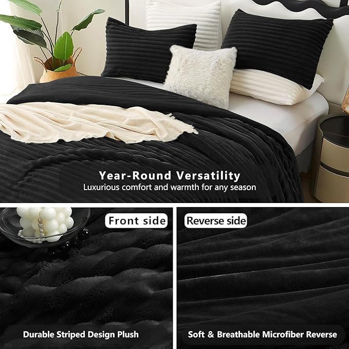 CozyLux Fluffy King Size Comforter Set - Super Soft Faux Fur Black Comforter King Size, Winter Warm Fleece Bedding Set, 3 Pieces Plush Fuzzy Bed Set (1 Shaggy Comforter, 2 Pillowcases)