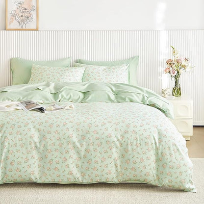 Wake In Cloud - Coquette Duvet Cover Set, Floral Cottagecore Flower Shabby Chic Cute Aesthetic, Soft Lightweight Bedding for Women Teen Girls, 3-Piece, Green Pink, Queen Size