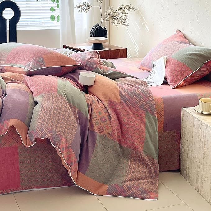 mixinni 100% Cotton Double Layer Yarn Duvet Cover Set, Vintage Patchwork Floral Jacquard Textured Comforter Cover, Reversible Boho Bedding Set with Pillowcases for All Season-Queen Size