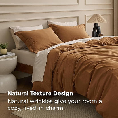 Bedsure 100% Washed Cotton Duvet Cover King Size - Hazelnut Brown Minimalist Bedding Set Linen Like - PureWoven Plain Simple & Soft Comforter Cover for All Seasons (Hazelnut Brown, King, 104"x90")