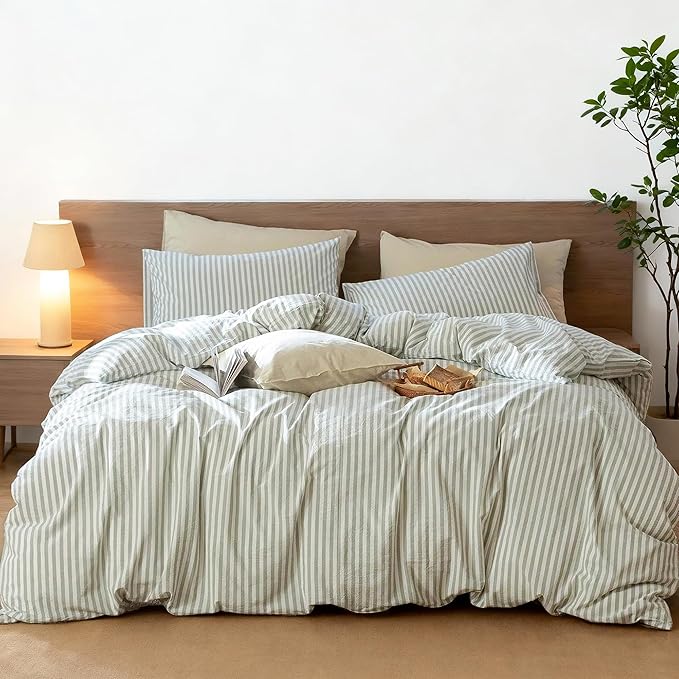 Nayoroom Striped Duvet Cover Queen Size - 100% Washed Cotton White Duvet Cover with Green Stripes Pattern, 3 Pieces Soft Breathable Girls Dorm Bedding Set for Hot Sleepers, Yarn Dyed Process