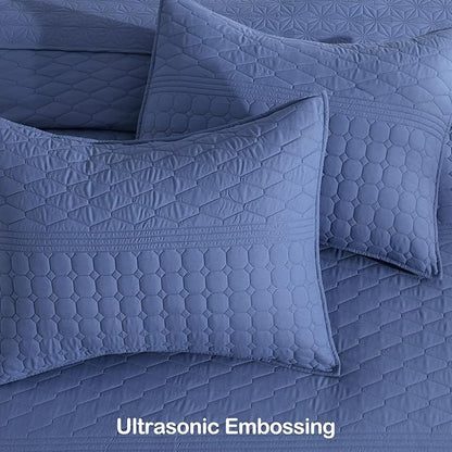 HORIMOTE HOME Denim Blue King Size Quilt Set - Soft Microfiber Bedspread with 2 Shams, Lightweight & All-Season Geometric Coverlet for Cozy Bedding