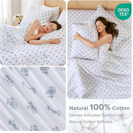 Comfort Spaces 100% Cotton Sheets Cal King, Breathable, Naturally Cool Cotton Sheets, Soft Cotton Bed Sheets with 14" Elastic Pocket Fits up to 16" Mattress, All Seasons Sheet Set, Floral Blue 4 Piece