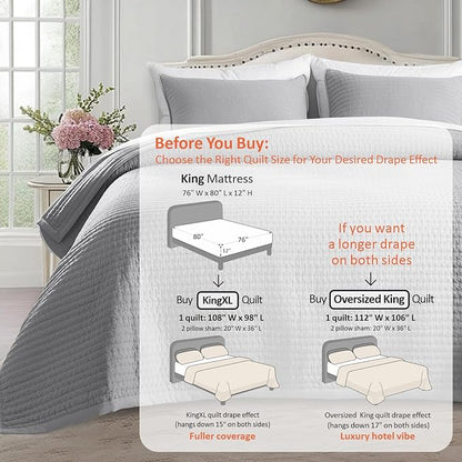 KASENTEX King XL Quilt Set 108"x98" – Soft Washed 3-Layer Lightweight Bedspread, Minimalist Nordic Design, All-Season Spring & Summer Quilt Set (1 Quilt + 2 Pillow Shams), Solid Grey