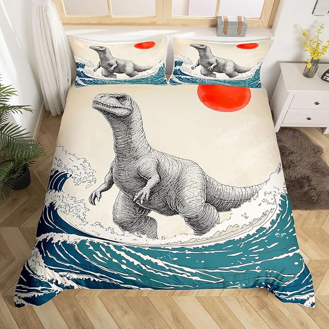 Feelyou Dinosaur Monster Bedding Set Queen Size Japanese Ukiyoe Theme Duvet Cover for Adult Kids Boys Girls Cool Animal Comforter Cover Set Asian Anime Bedspread Cover 3Pcs Zipper