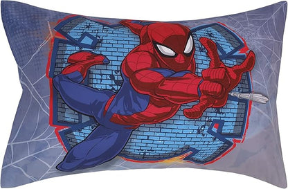 Disney Marvel Spiderman Wall Crawler Red, White, and Blue Spider Webs 4 Piece Toddler Bed Set - Comforter, Fitted Bottom Sheet, Flat Top Sheet, and Reversible Pillowcase