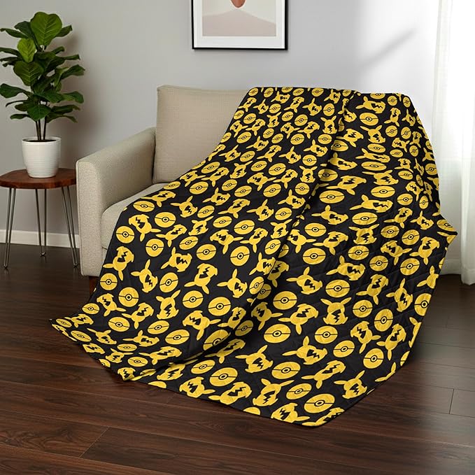 Northwest Pokemon Company Reversible Full/Queen Quilted Blanket - Pikachu & Pokeball Pattern for Anime Fans, Cozy Blanket for Bed, Game Room or Couch, 90x90 inches