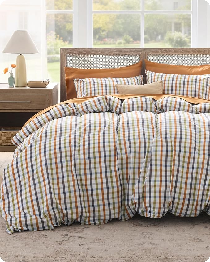 Bedsure Gingham Duvet Cover Queen Size - 100% Cotton Reversible Classic Warm Plaid Pattern Duvet Cover Set, 3 Pieces Soft & Breathable PureWoven Bedding Set with 2 Pillow Shams (Warm Plaid 90"x90")