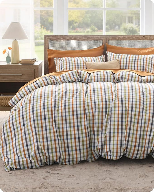 Bedsure Gingham Duvet Cover Queen Size - 100% Cotton Reversible Classic Warm Plaid Pattern Duvet Cover Set, 3 Pieces Soft & Breathable PureWoven Bedding Set with 2 Pillow Shams (Warm Plaid 90"x90")