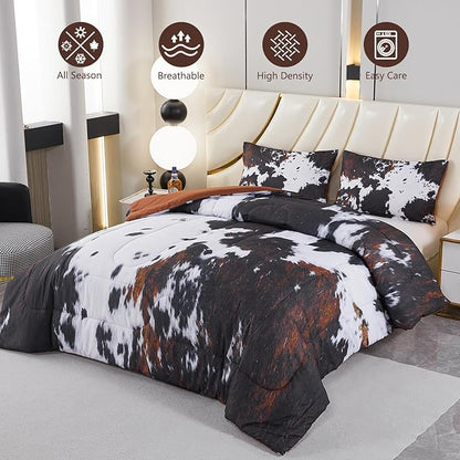PERFEMET Full Size Comforter Sets 3 Pieces, Western Cow Fur Print Bedding Set, Farmhouse Rustic Black and White Bed Set, Cute Animal Cowhide Comforter Set for Bedroom Decoration