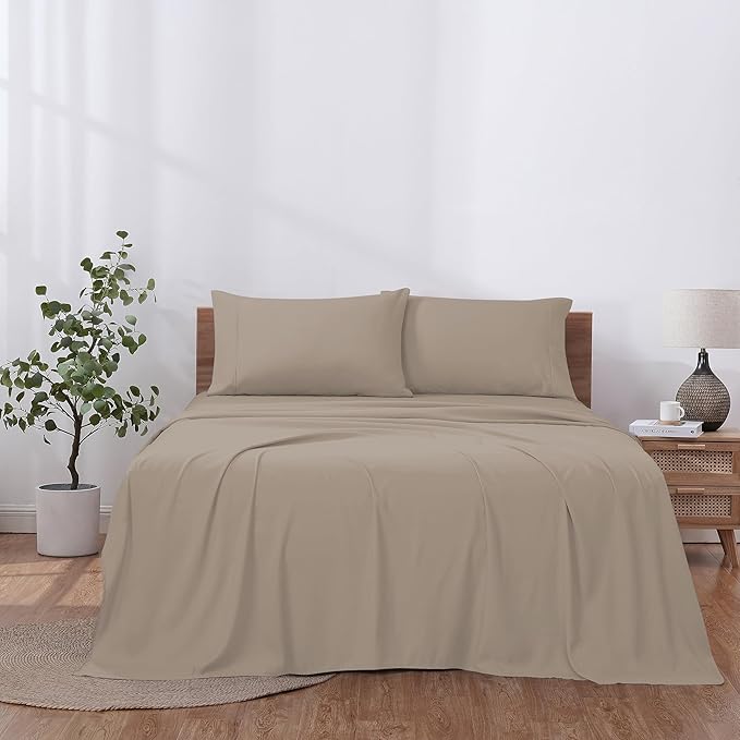 Modern Threads Soft Microfiber Solid Sheets - Luxurious Microfiber Bed Sheets - Includes Flat Sheet, Fitted Sheet with Deep Pockets, & Pillowcases Khaki Queen