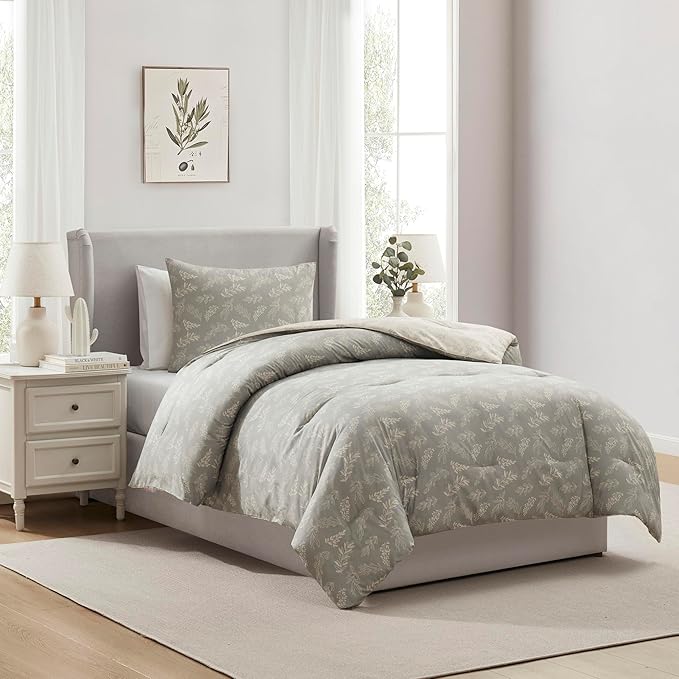 Nestl Twin/Twin XL Comforter Set - Grey Bed in a Bag Twin, 2 Pieces Reversible Bed Set, Soft Floral Bedding Set for College Dorm, All Season Botanical Comforters with Pillow Sham
