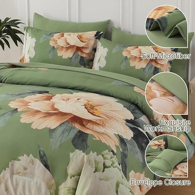 Dobuyly Queen Comforter Set 7 Piece Bed in a Bag, Olive Green Floral Comforter Set with Sheets, Soft Microfiber Botanical Flower Bedding Set for All Season