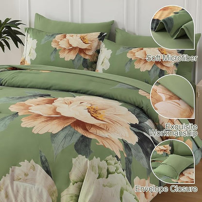 Dobuyly Queen Comforter Set 7 Piece Bed in a Bag, Olive Green Floral Comforter Set with Sheets, Soft Microfiber Botanical Flower Bedding Set for All Season