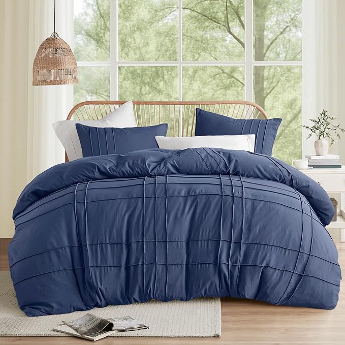 Comfort Spaces Navy King Size Comforter Set - 3 Pieces Pintuck Pleated Bedding Sets, All Season Lightweight, Extra Softness Pre-Washed Microfiber King Bed Set, Shams, King