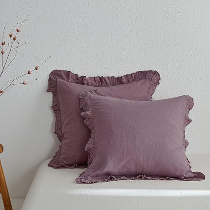 Simple&Opulence 100% Linen Euro Sham Covers with Ruffle, 26x26 Inch Pillow Covers Set of 2, Euro Pillow Shams for Bed Couch French Home Decor Luxury and Breathable Square Pillow Cases, Purple