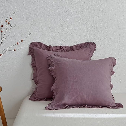 Simple&Opulence 100% Linen Euro Sham Covers with Ruffle, 26x26 Inch Pillow Covers Set of 2, Euro Pillow Shams for Bed Couch French Home Decor Luxury and Breathable Square Pillow Cases, Purple