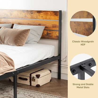 OLIXIS Queen Platform Bed Frame with Wooden Headboard and Footboard, Heavy Duty Metal Slat Mattress Base, 800 LBS Weight Capacity, Sturdy Stable Structure, No Box Spring Needed, Quick Simple Assembly