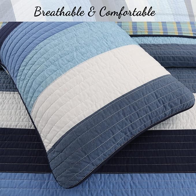 Cozy Line Home Fashions Navy Blue Striped Boy 100% Cotton Reversible Quilt Bedding Set, All-Season Coverlet Bedspread (Preston, Twin - 2 Piece)