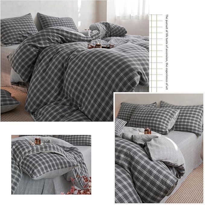 EAVD Vintage Style Grey Plaid Gingham Duvet Cover Queen Soft 100% Cotton Muslin Grey Grid Checkered Bedding Set with 2 Pillowcases Reversible Plaid Duvet Cover with Zipper Closure