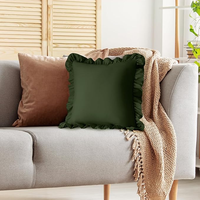 KKJIAF Ruffle Pillow Cases 18x18 Inches, Olive Green Square Ruffled Pillow Covers Set of 2, Microfiber Wrinkle Resistant Pillow Shams with Envelope Closure for Sofa Bed Living Room