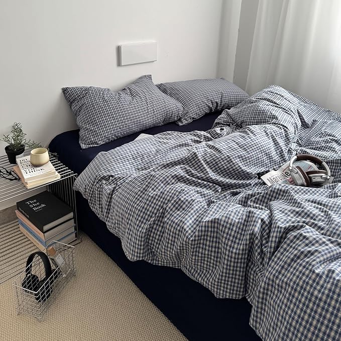 EAVD Vintage Blue Plaid Gingham Duvet Cover King Soft 100% Washed Cotton Reversible Grid Plaid Checkered Gingham Bedding Set with 2 Pillowcases Farmhouse Blue Plaid Duvet Cover with Zipper