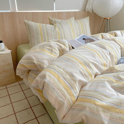 EAVD Retro Striped Duvet Cover King Soft Washed Cotton Bedding Set with 2 Pillowcases Reversible Colorful Pinstriped Bedding Set Modern Farmhouse Geometric Duvet Cover with Zipper Closure