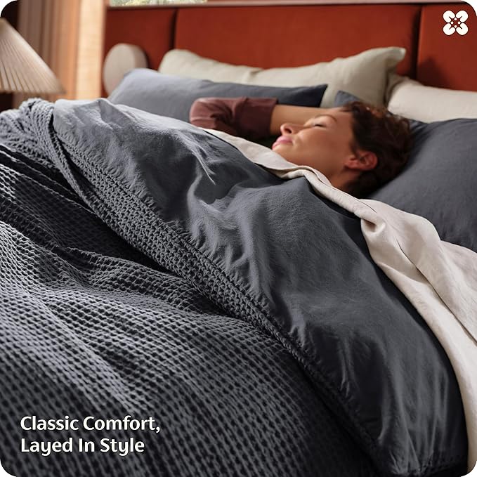 Bedsure Cotton Duvet Cover King Size - 100% Cotton Waffle Weave Charcoal Duvet Cover, PureWoven Textured Breathable Bedding Comforter Cover for All Season, 1 Duvet Cover Only 104"x90"