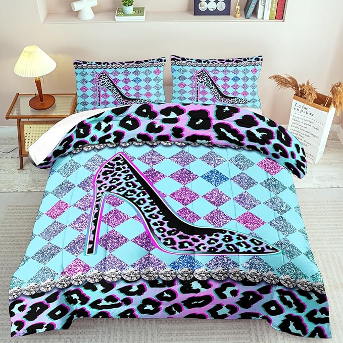 Rainbow Cheetah Print Comforter Set Queen Girls Sexy High Heels Leopard Print Bedding Set Women High Heels Leopard Comforter Quilt Bedroom Decor Animal Cheetah Bedding Bed Decor