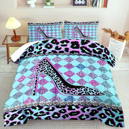 Rainbow Cheetah Print Comforter Set Queen Girls Sexy High Heels Leopard Print Bedding Set Women High Heels Leopard Comforter Quilt Bedroom Decor Animal Cheetah Bedding Bed Decor