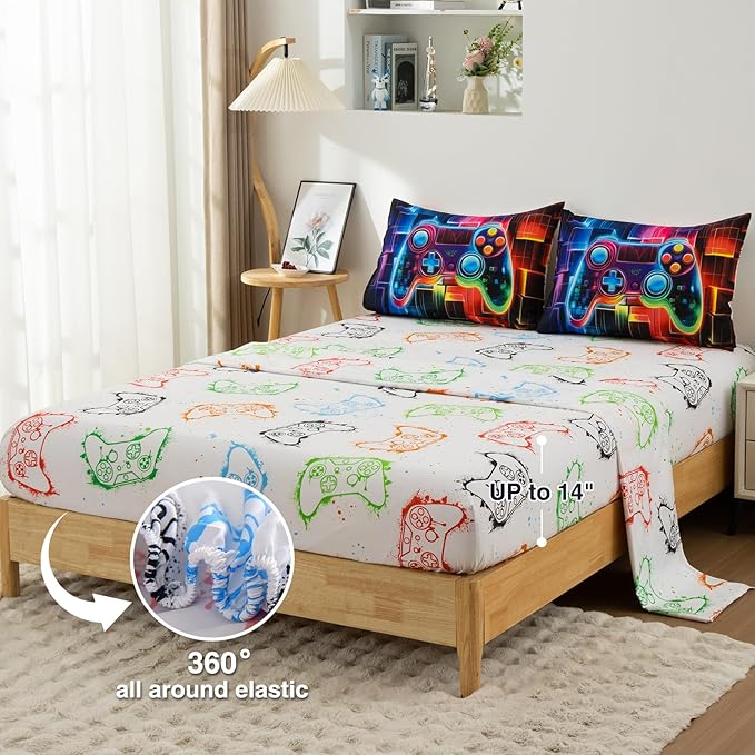 A Nice Night Boys Twin Size 5-Piece Game Console Comforter Set, for Kids Teen 3D Colorful Background Colorful Universe Gamepad Gaming Printed Matching Sheet Sets Black-Red