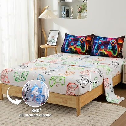 A Nice Night Boys Twin Size 5-Piece Game Console Comforter Set, for Kids Teen 3D Colorful Background Colorful Universe Gamepad Gaming Printed Matching Sheet Sets Black-Red