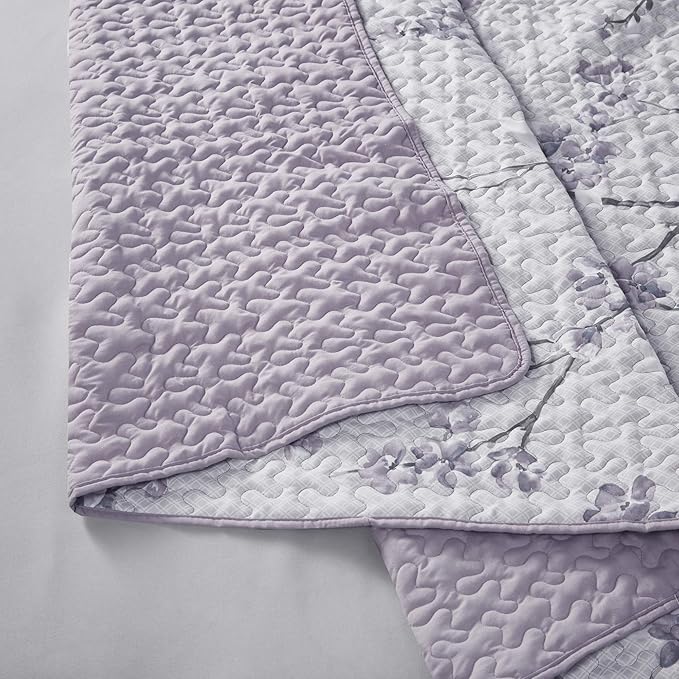 Comfort Spaces Reversible Quilt Set-Vermicelli Stitching Design All Season, Lightweight, Coverlet Bedspread Bedding, Matching Shams, Full/Queen (90 in x 90 in), Kate Floral Purple 3 Piece