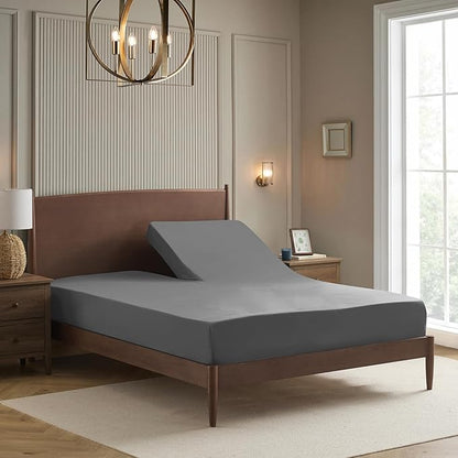 Split Head King Sheets Set for Adjustable Beds 4 Piece Flex Top Bed Sheets – Deep Pocket Split Top Fitted Sheet with Built-in Corner Straps, Luxury Soft Cooling Bedding, Wrinkle Resistant, Gray