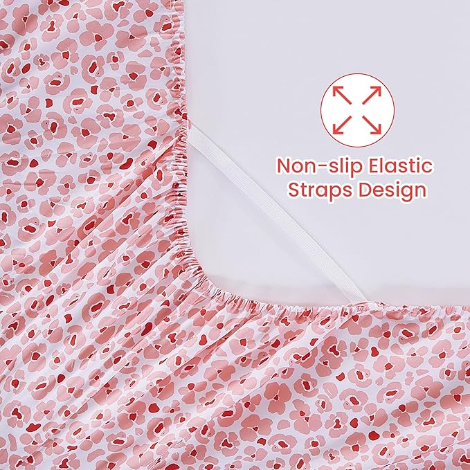 Softan Pink Floral Twin Sheet Set, 3-Piece Cozy Microfiber Leopard Printed Fitted Bed Sheet with 15" Deep Pockets & Non-Slip Straps, Kids Girls Cute Patterned Sheets & Pillowcase Set