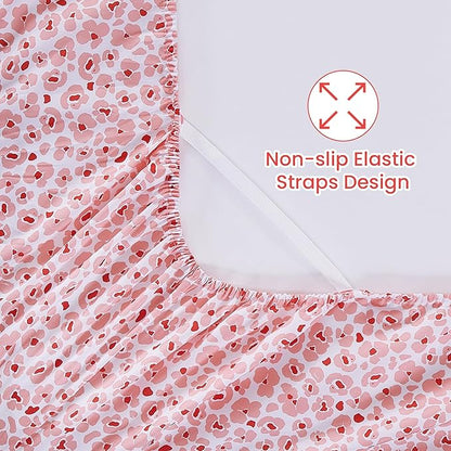 Softan Pink Floral Twin Sheet Set, 3-Piece Cozy Microfiber Leopard Printed Fitted Bed Sheet with 15" Deep Pockets & Non-Slip Straps, Kids Girls Cute Patterned Sheets & Pillowcase Set