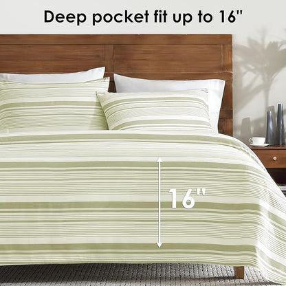 ClevaHome Classic Stripe Sheet Set - 4 Pieces Super Soft & Breathable Bed Sheet Set with Deep Pocket, Enhanced Comfort & Easy Care (Queen, Sage Stripe)