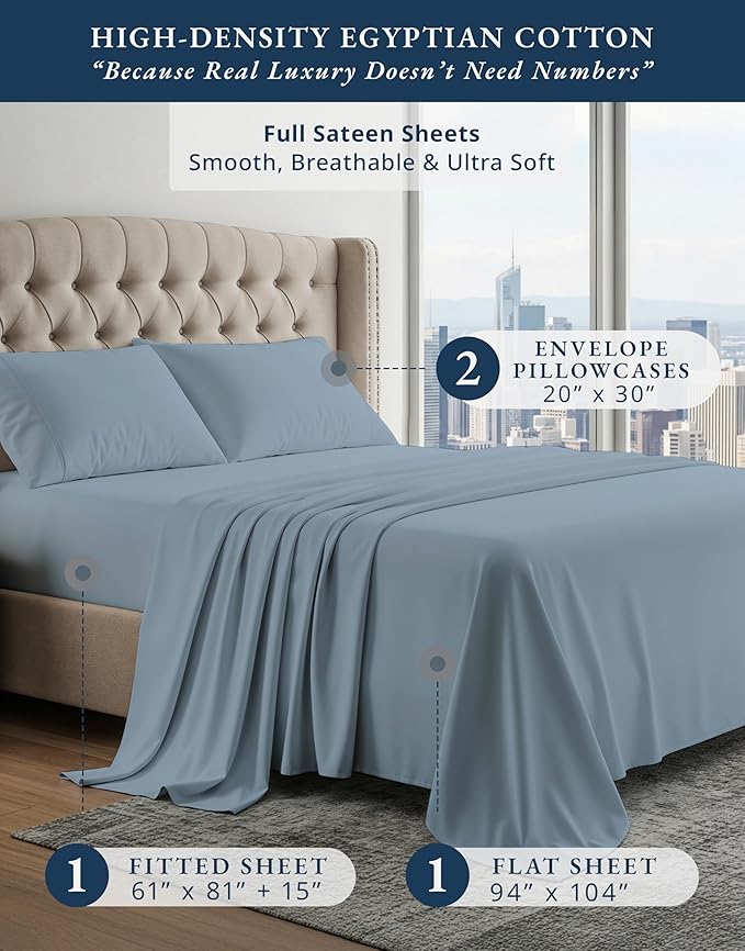 LANE LINEN Luxury Hotel Style 100% Egyptian Cotton Bed Sheets Full Size, Mercerized Cotton, No Pill Fade Resistant Sustainably Produced Full Bedding Sheets & Pillowcases- French Blue