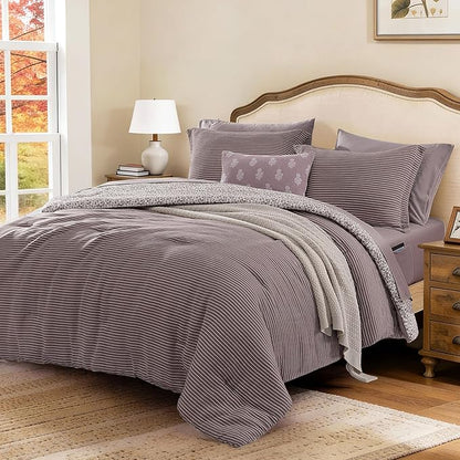 King Comforter Set - 7 Pieces Deep Purple Gauze Muslin Bedding Sets for All Seasons, Lightweight Breathable Bed in a Bag King with Revesible Farmhouse Comforter, Sheets, Pillowcases & Shams
