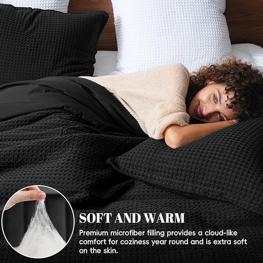 PHF Ultra Soft Waffle Weave Comforter Set King Size, 3 Pieces Lightweight Breathable Comfy Bedding Set, Comfy Textured 1 Comforter with 2 Pillow Shams, Black