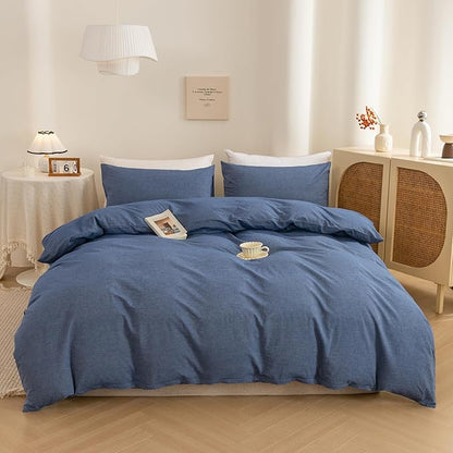 ECOCOTT Denim Blue Duvet Cover King Size, 100% Washed Cotton 1 Duvet Cover with Zipper and 2 Pillowcases, Ultra Soft and Easy Care Breathable Cozy Bedding Set (Denim Blue, King)