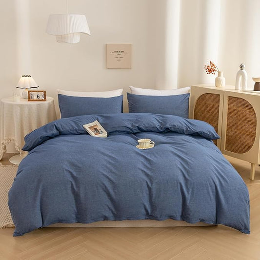 ECOCOTT Denim Blue Duvet Cover Queen Size, 100% Washed Cotton 1 Duvet Cover with Zipper and 2 Pillowcases, Ultra Soft and Easy Care Breathable Cozy Bedding Set (Denim Blue, Queen)