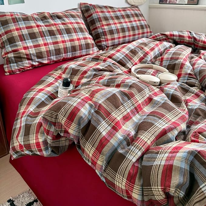 MKXI King Buffalo Plaid Duvet Cover Set 3-Piece, Lightweight Washed Cotton Farmhouse Bedding, Brown Red Blue Plaid Comforter Cover with Zipper Closure