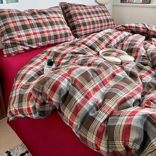 MKXI Full Buffalo Plaid Duvet Cover Set 3-Piece, Lightweight Washed Cotton Farmhouse Bedding, Brown Red Blue Plaid Comforter Cover with Zipper Closure