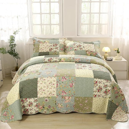 vctops Boho Patchwork Cotton Quilted Bedspread Quilt Set King Size 3 Pieces Soft Reversible Lightweight Coverlet Set Floral Print 1 Quilt and 2 Pillow Shams (Green D,King)