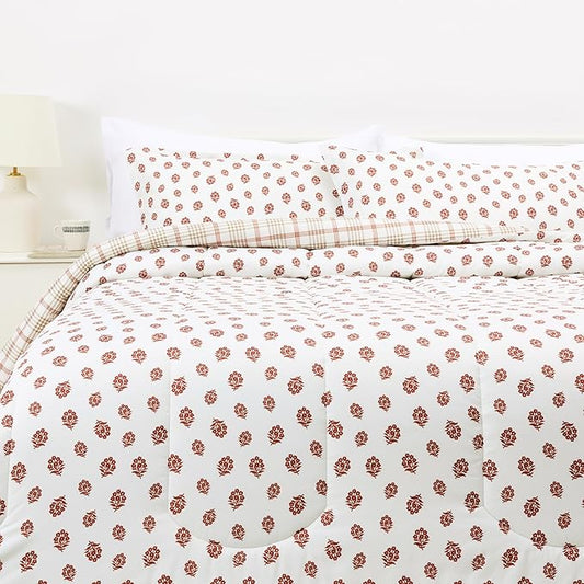 Amazon Basics Lightweight Polyester Microfiber Comforter Set, 3-Pieces, Off White Floral, King