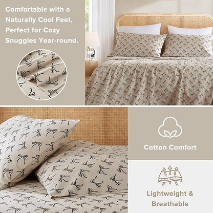 Comfort Spaces 100% Cotton Sheets Cal King, Breathable, Naturally Cool Cotton Sheets, Cotton Bed Sheets with 14" Elastic Pocket Fits up to 16" Mattress, All Seasons Sheet Set, Bow Black/Taupe 4 Piece